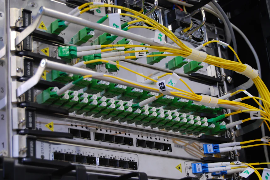 Fibre optic patch cables connected to network equipment