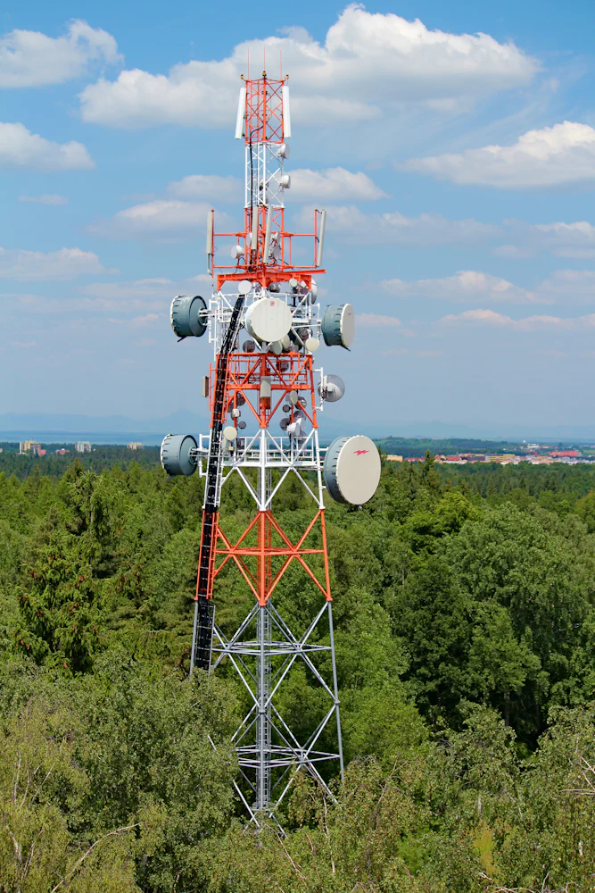 Telecommunication mast with antennas and microwave dishes